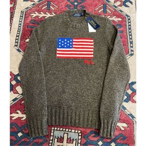NWT Polo Ralph Lauren American Flag Knit Sweater Moss 90% Wool 10% Cashmere S